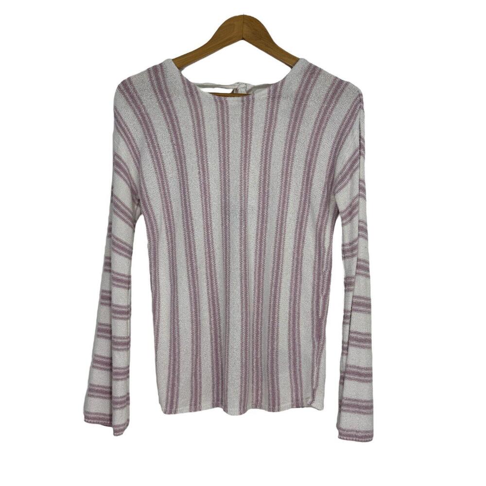 Express Women’s Size XS White Purple Striped Tie Back Flared Sleeve Sweater Top